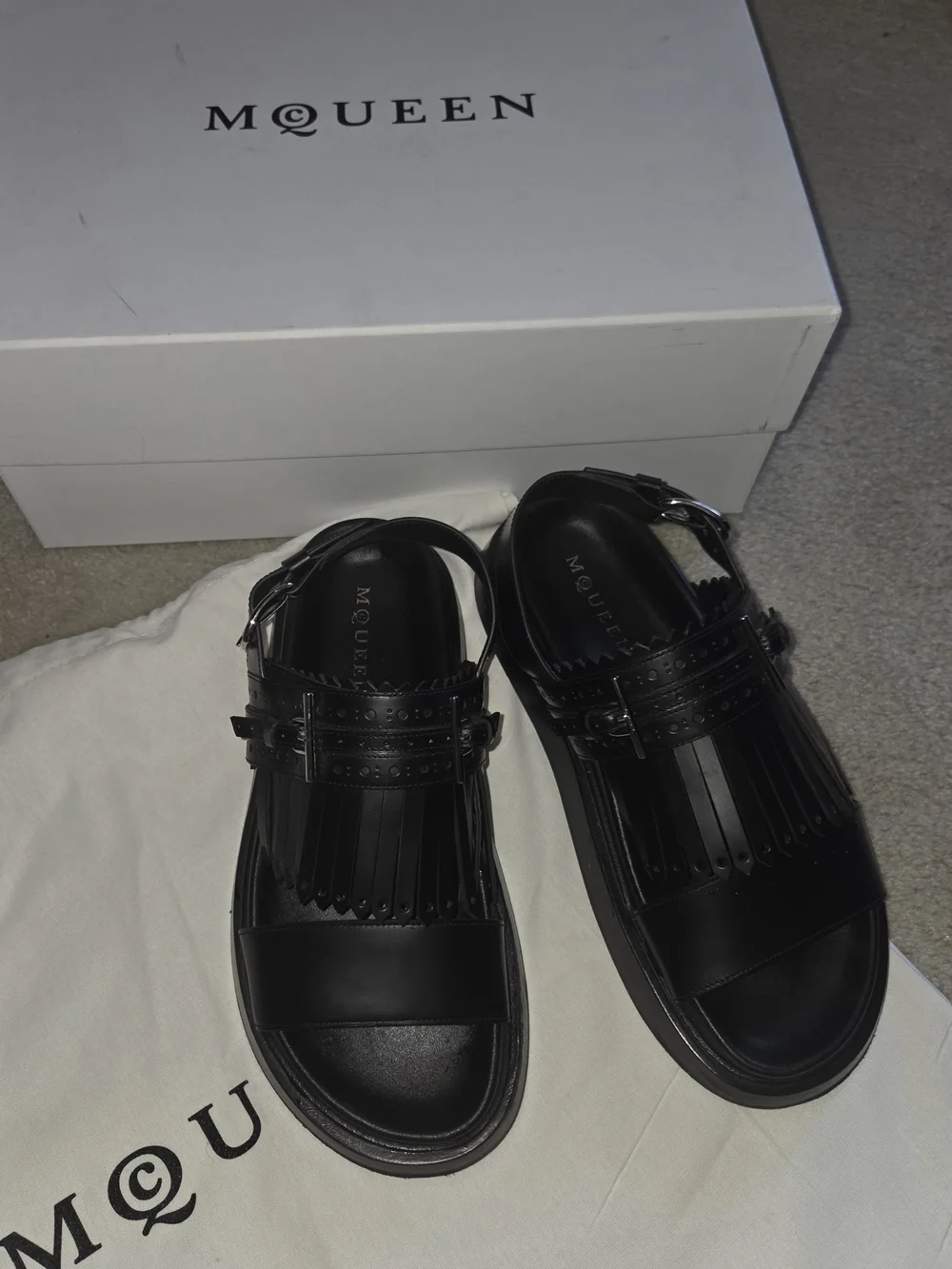 Alexander McQueen Black Fringe Leather Buckle Sandals, Men's 41, 8